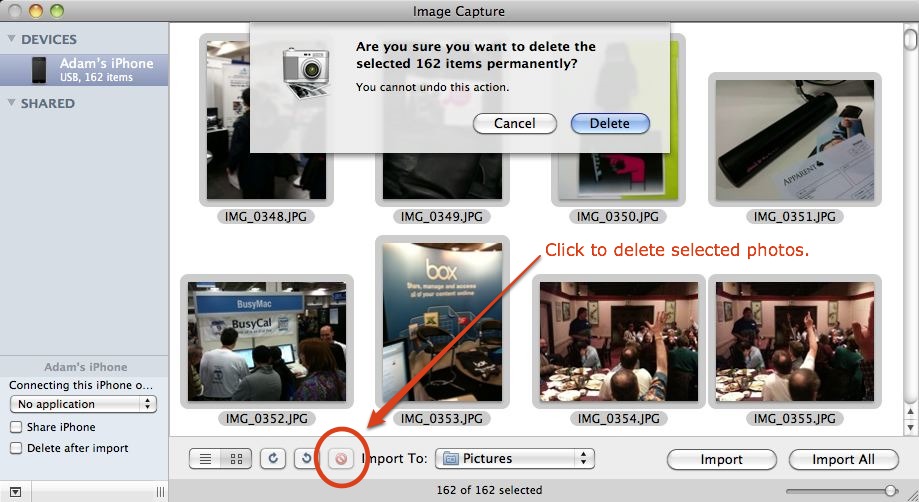 how to delete photos from iphone after importing
