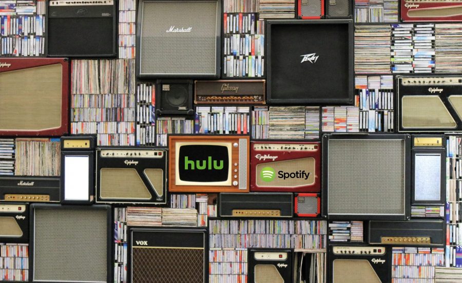Shelves of old amps and TVs and media