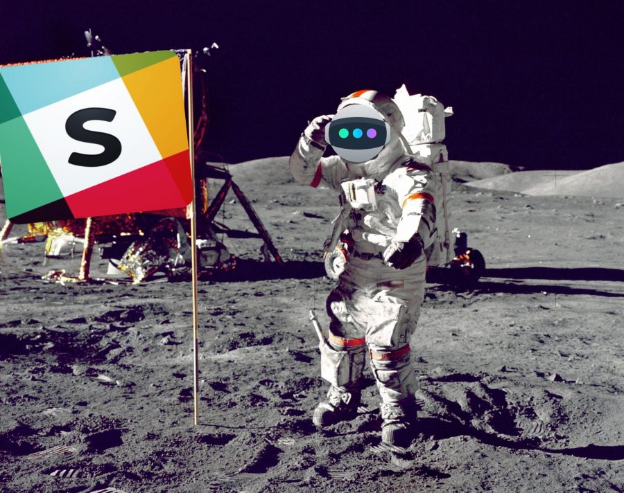 An Astro astronaut planting a Slack flag on the moon.