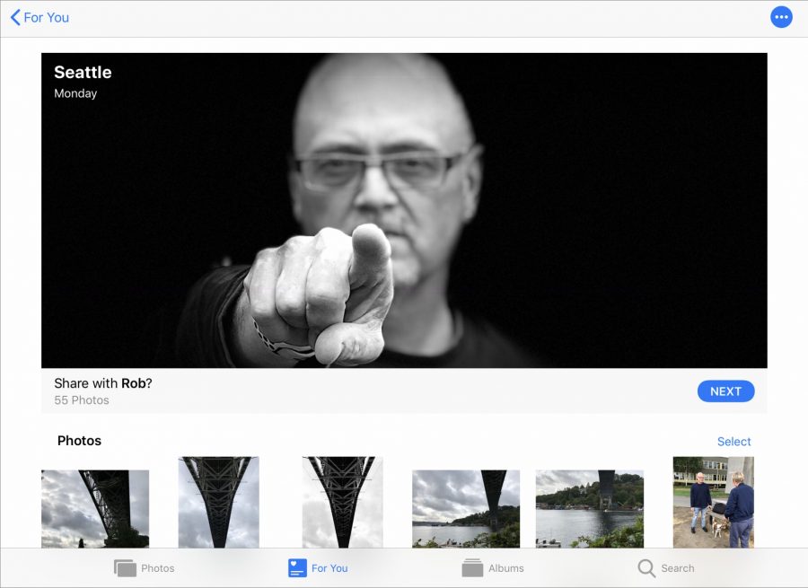 The For You screen in Photos, with a dude pointing at you.