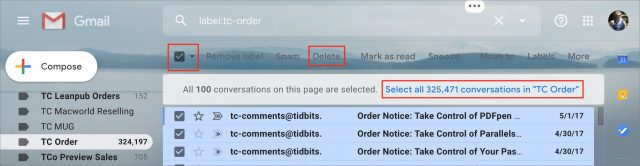 Selecting and deleting messages in Gmail