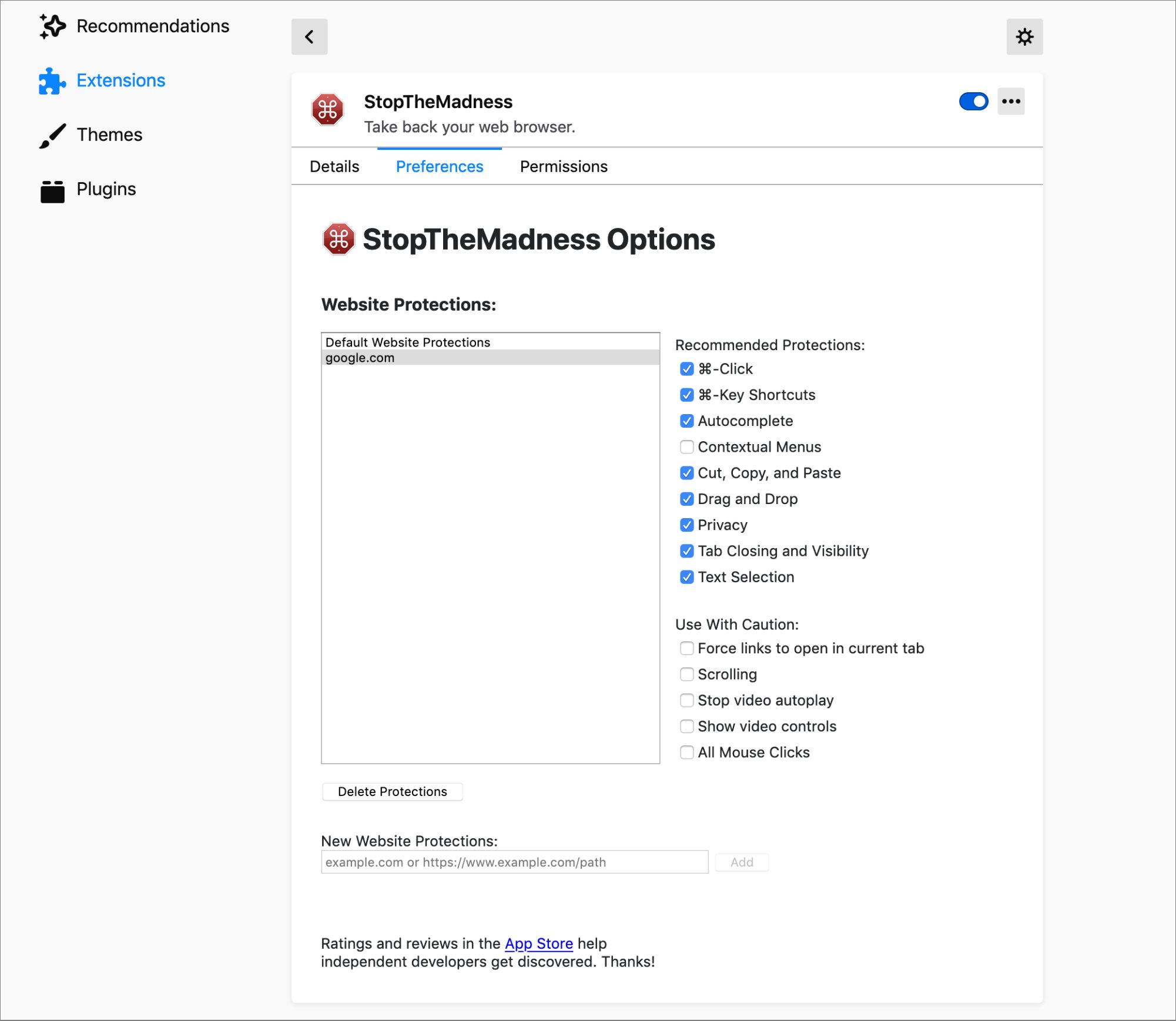 StopTheMadness settings in Firefox