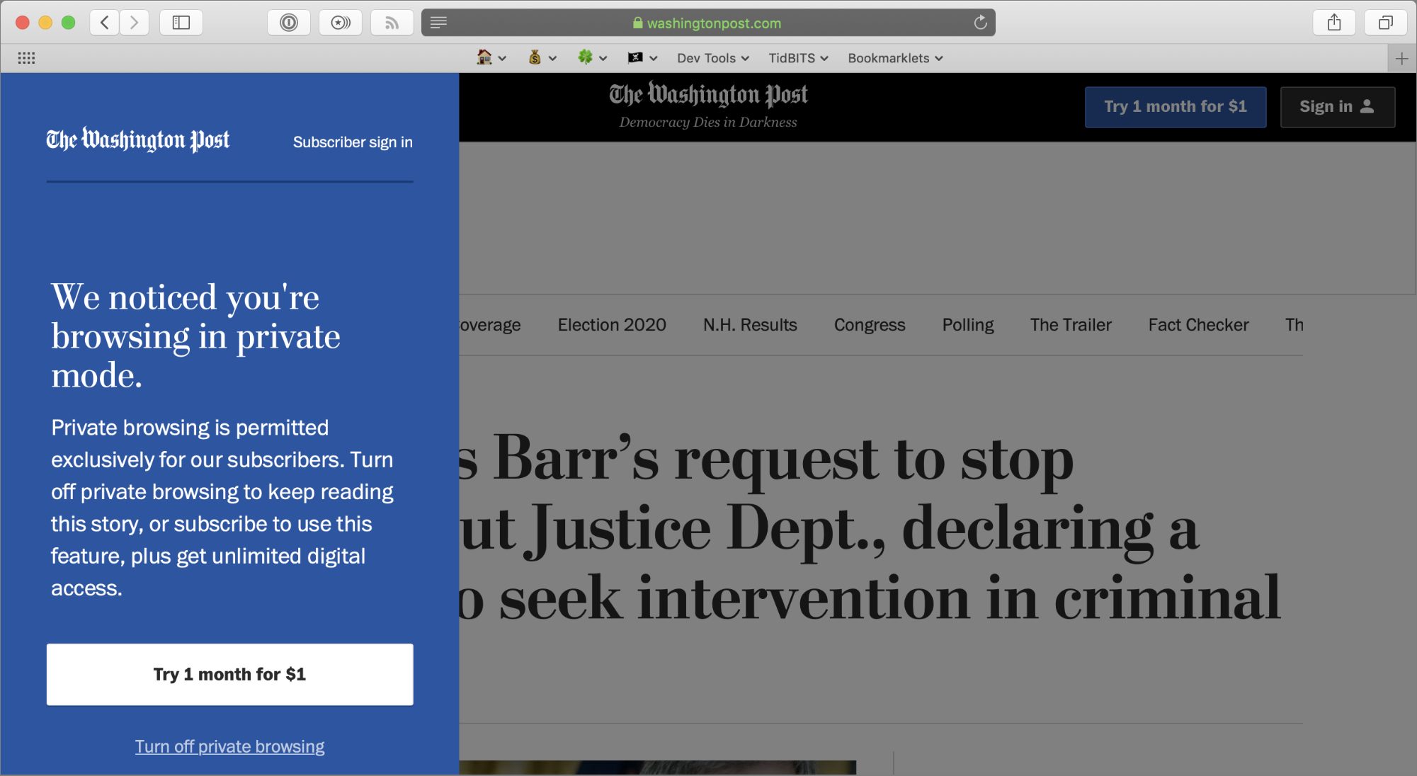 The Washington Post blocking private browsing