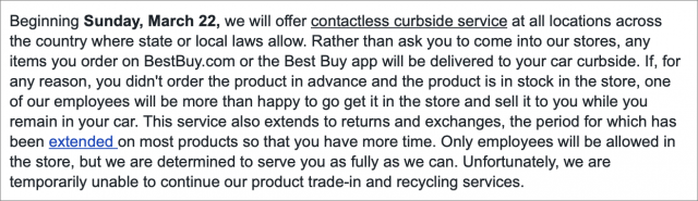 An email from Best Buy announcing curbside service.