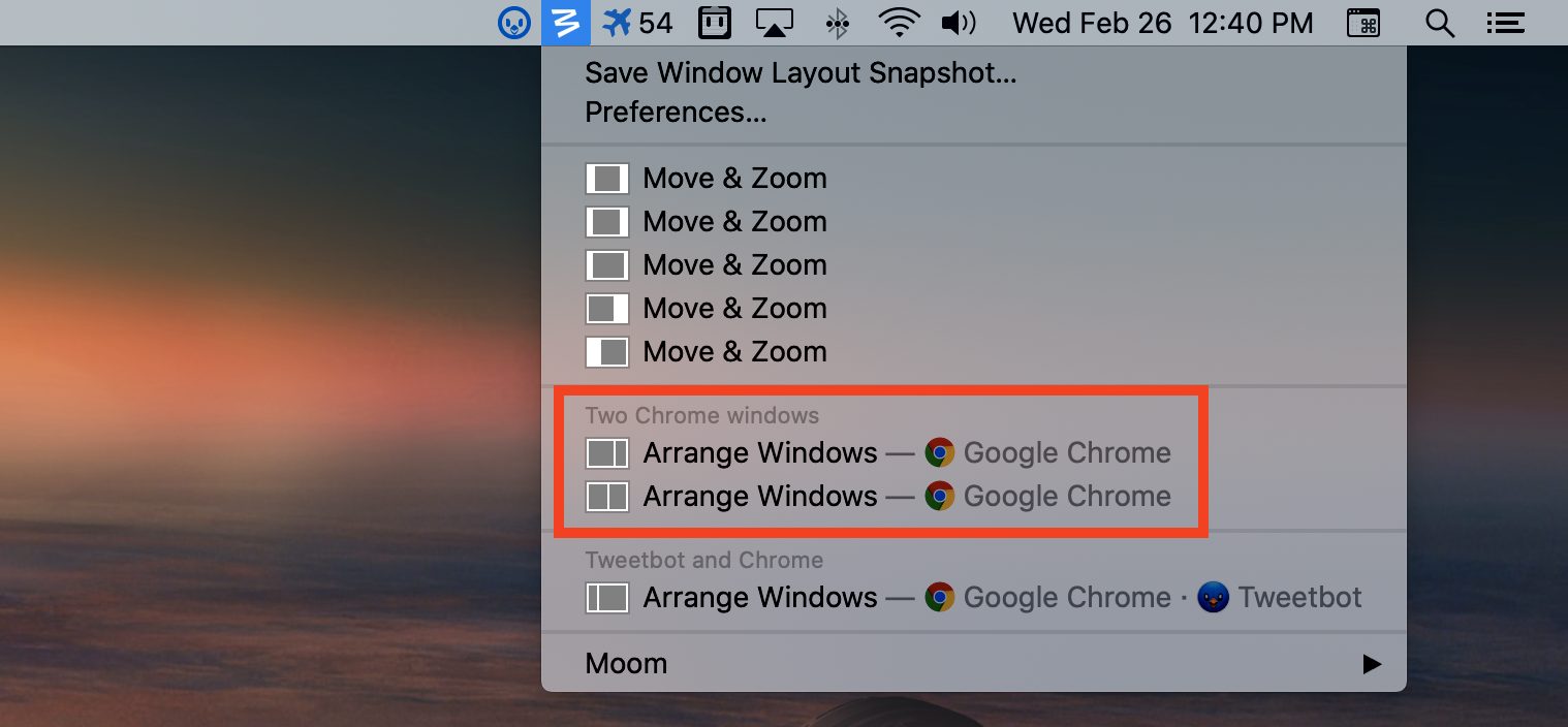 Repositioning windows with Moom from the menu bar