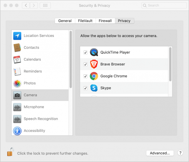 macOS camera privacy settings