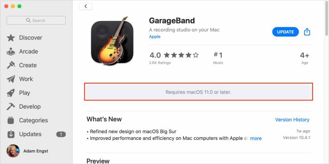 GarageBand system requirements note in App Store listing