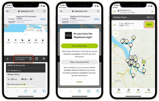MapQuest route navigation on an iPhone