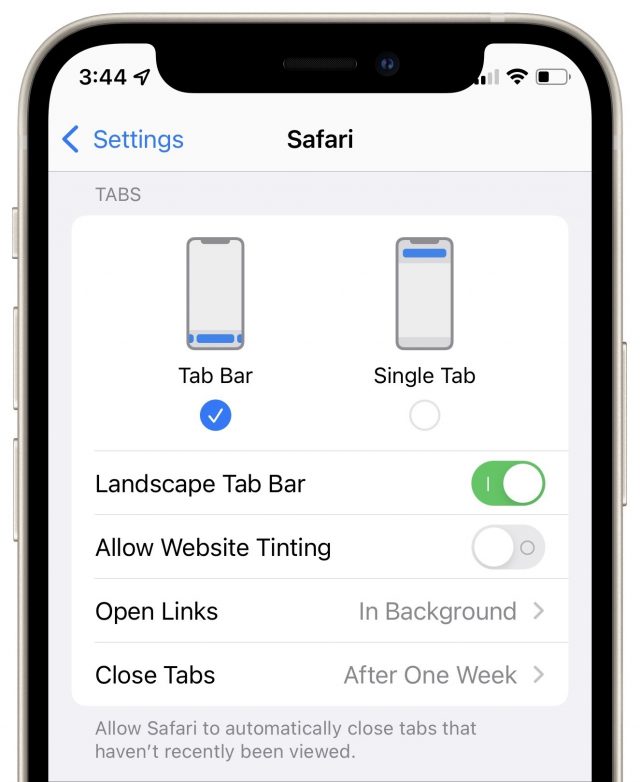 Safari setting for putting the Tab Bar back on top