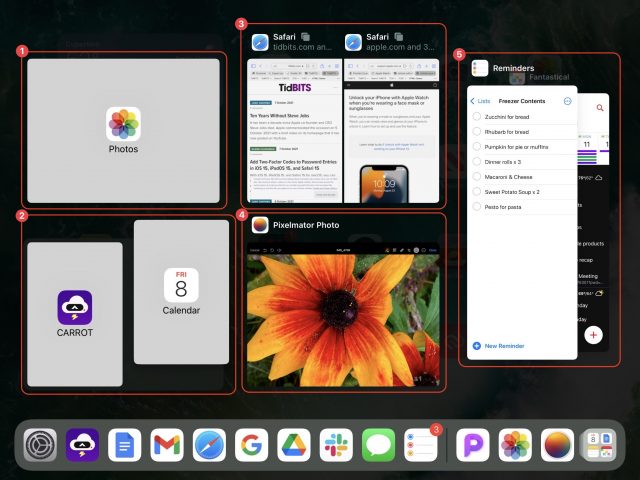 iPadOS 15 App Switcher showing various multitasking combinations