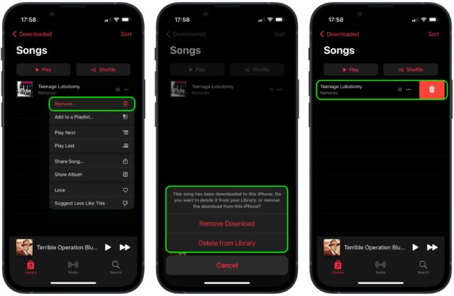 Two choices for removing or deleting tracks in Music for iOS