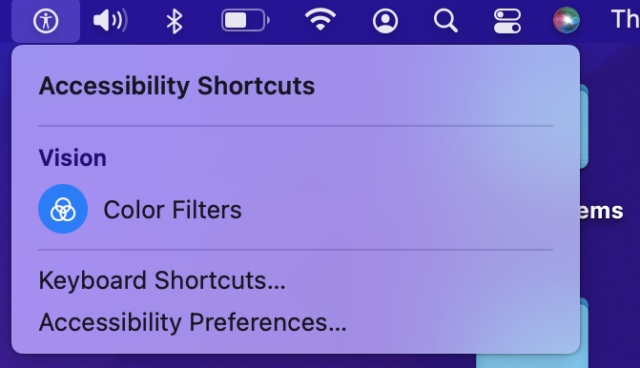 Accessibility Shortcuts in the menu bar