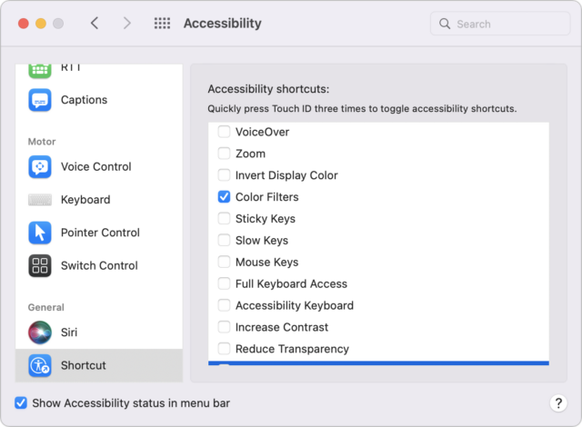 Accessibility shortcut for color filter