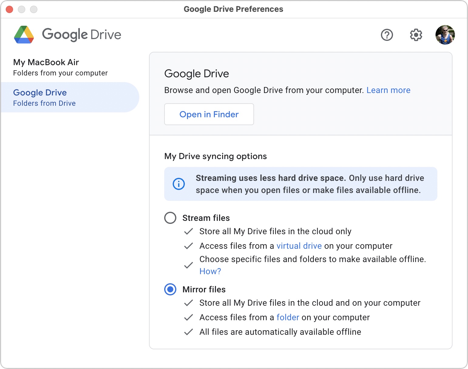 Google Drive for desktop sync options