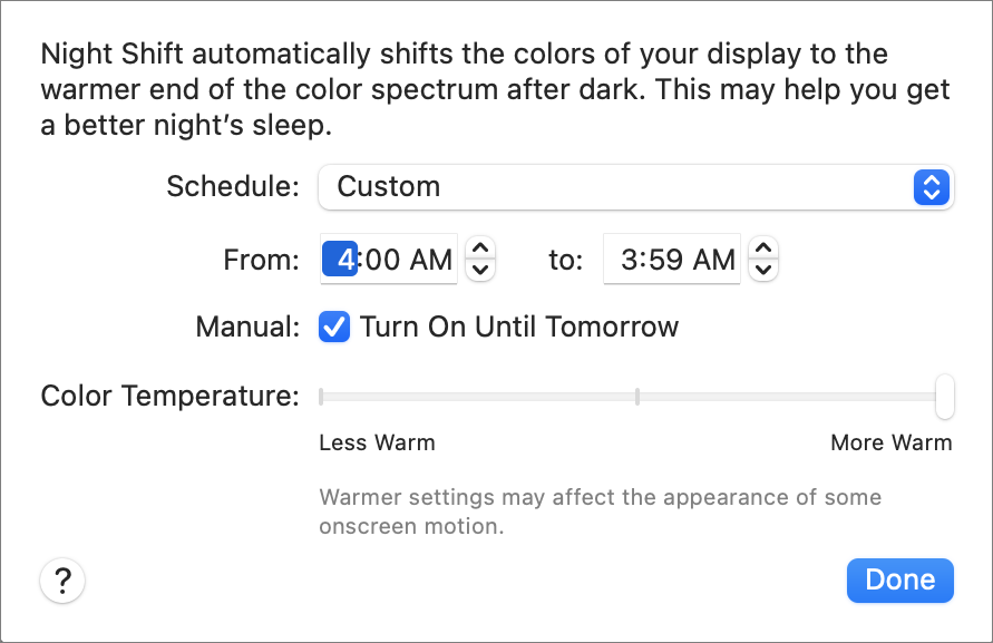 settings for night shift mac os x