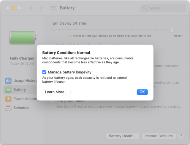 The Manage battery longevity setting in macOS