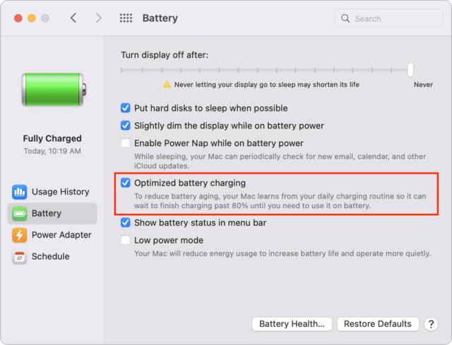 Optimized battery charging on macOS