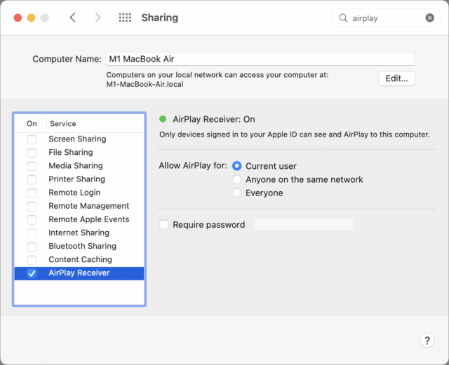 Enable AirPlay Receiver in Sharing