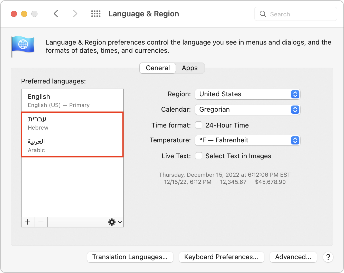 Hebrew and Arabic in the Language & Region preference pane
