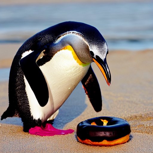 A penguin eating a donut on a beach, courtesy of Stable Diffusion