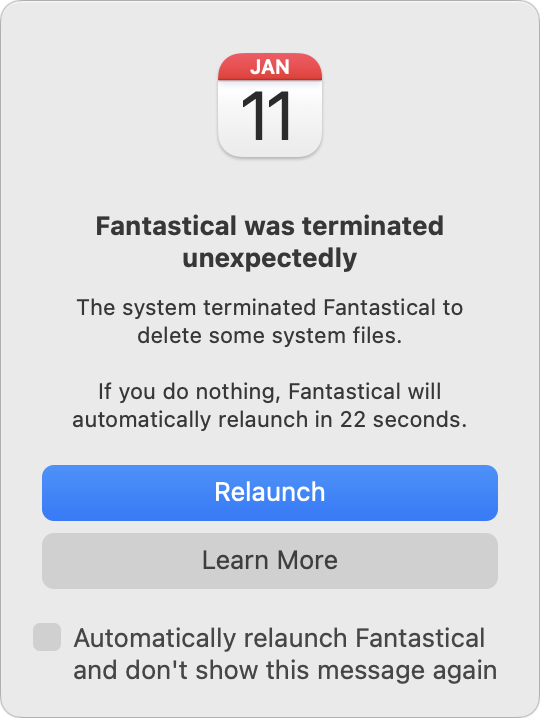 Fantastical error after macOS deleted its files