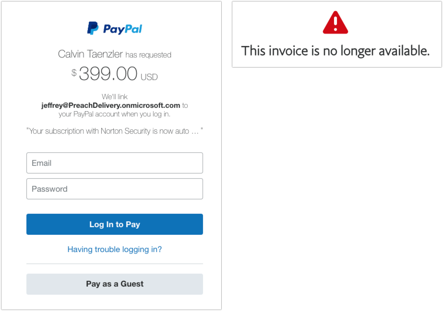 Results of clicking through from PayPal phishing