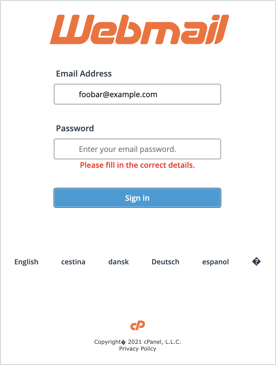 Generic cPanel login used by phisher