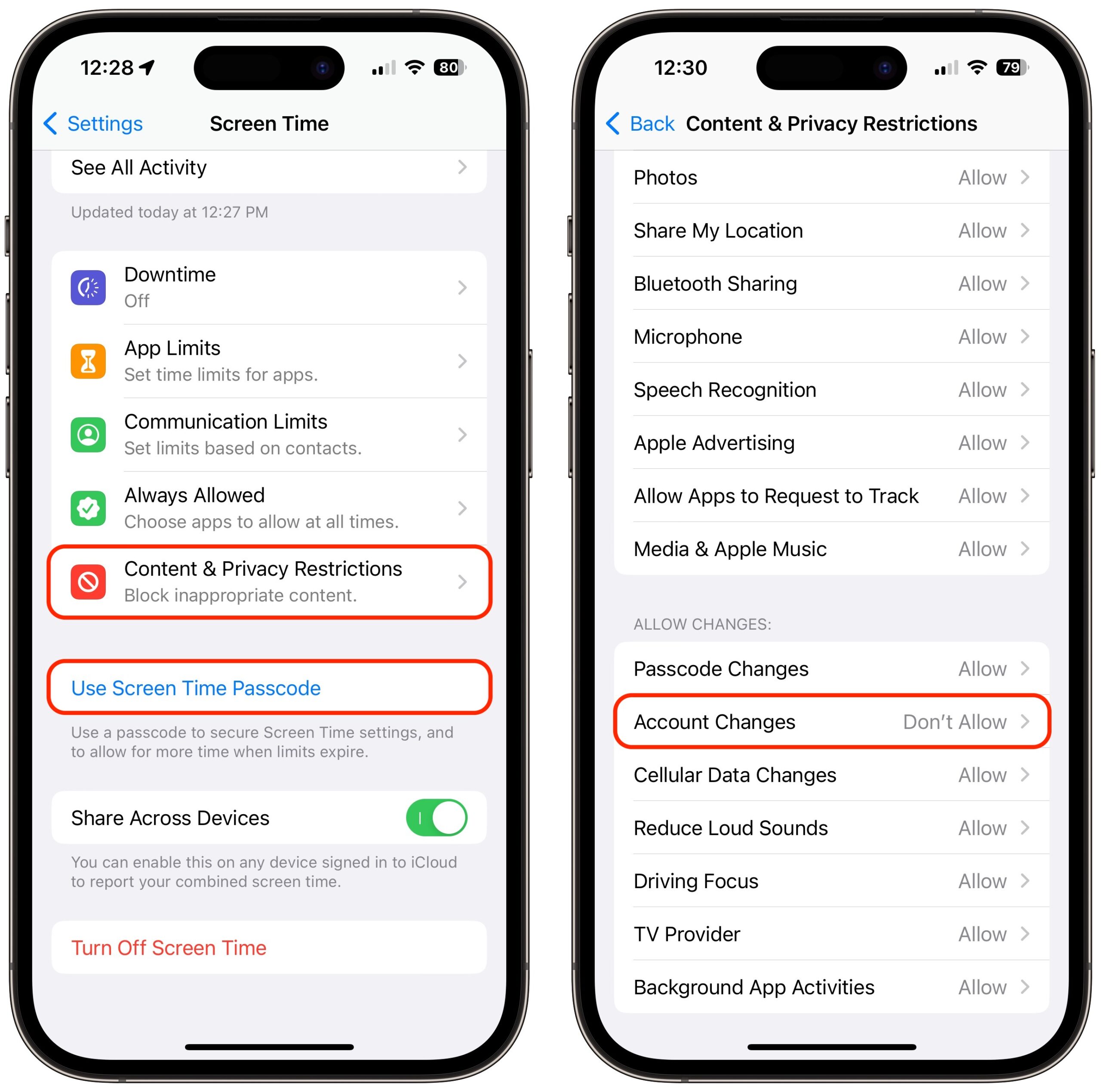 Screen Time passcode protection from account changes