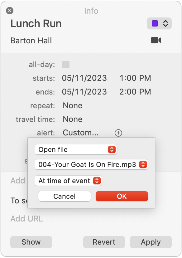 Open File option in Calendar alerts