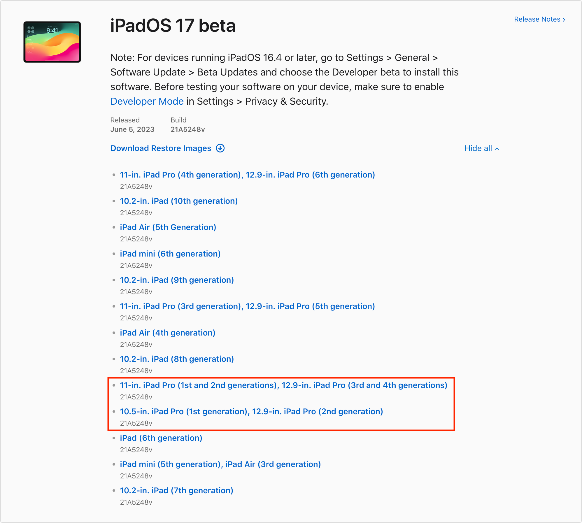 Proof of older iPad Pro models being supported in iPadOS 17