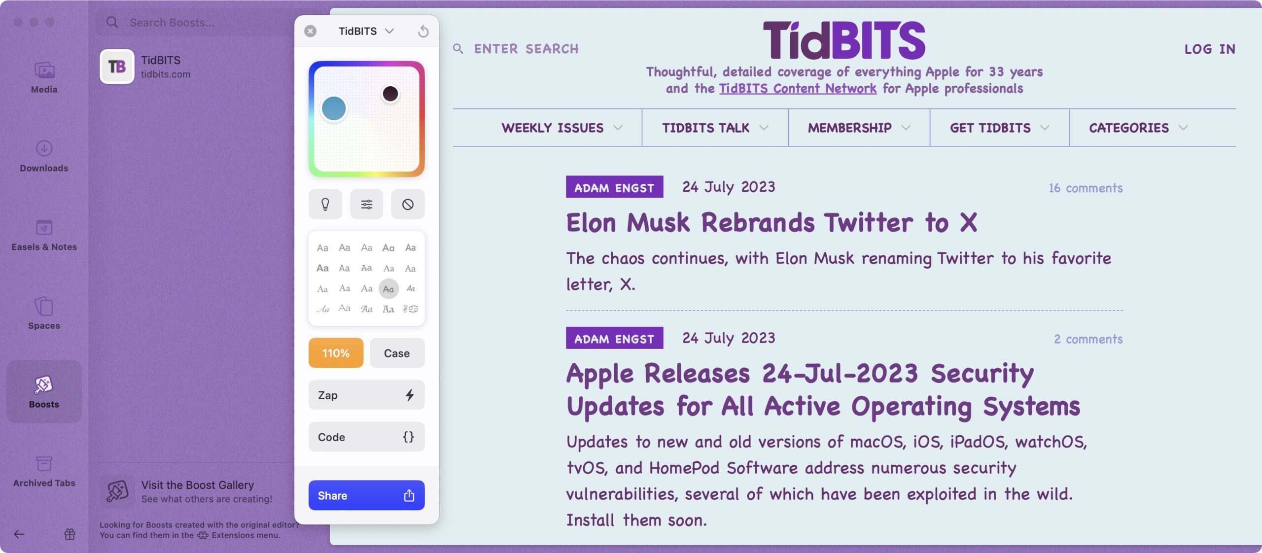 TidBITS website restyled with an Arc Boost
