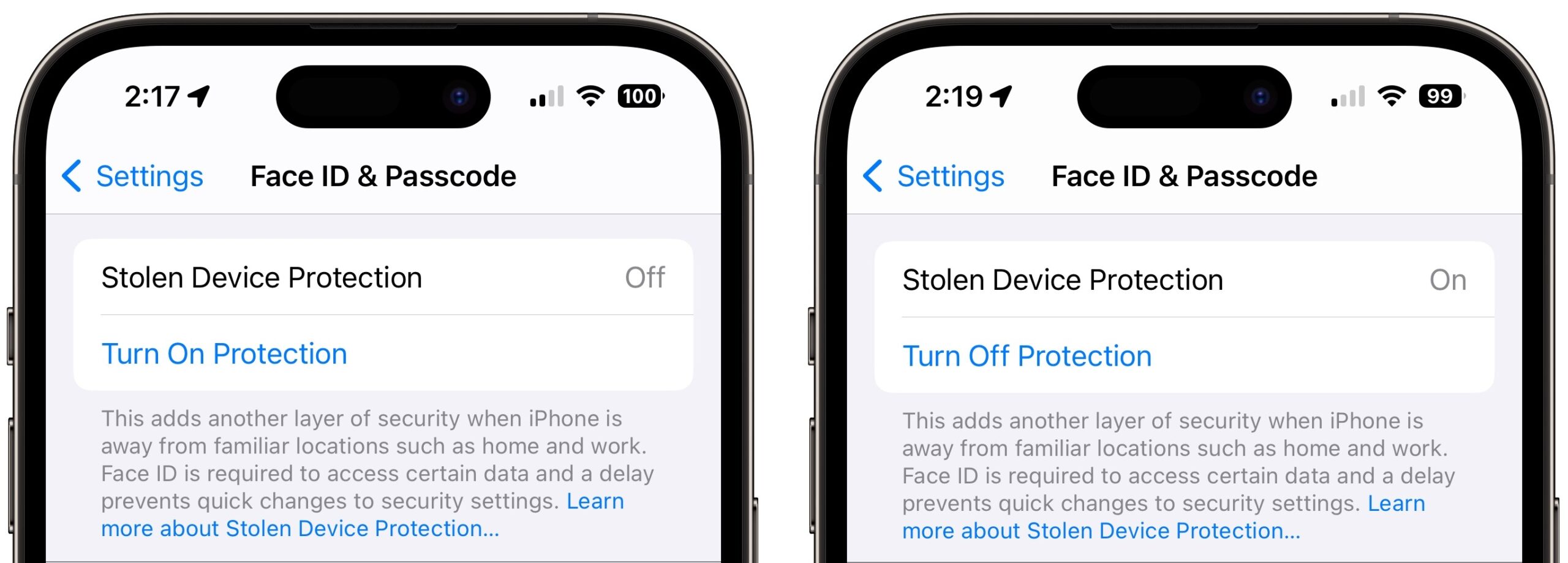 Stolen Device Protection toggle