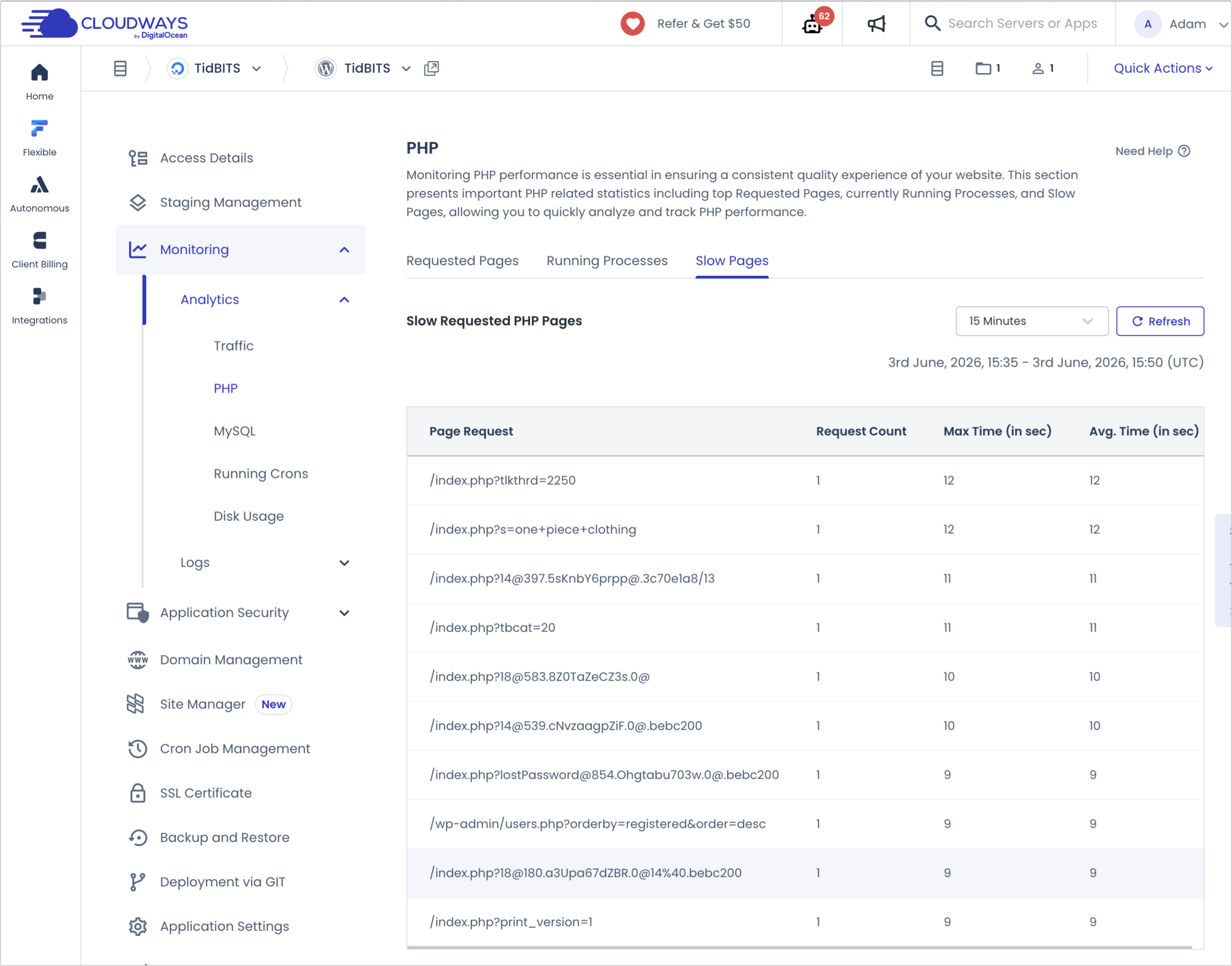 Cloudways Slow Pages report