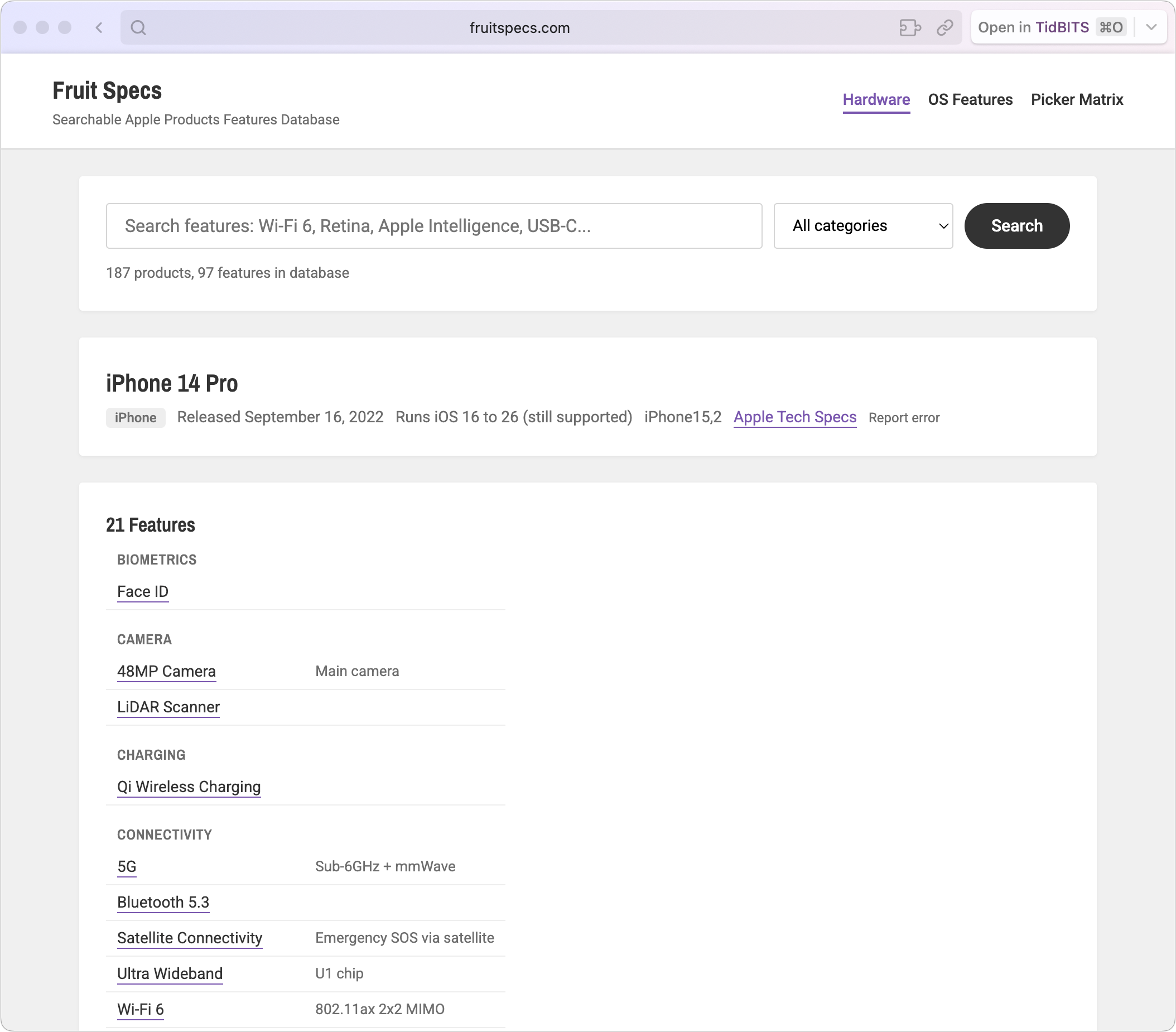 Fruit Specs website