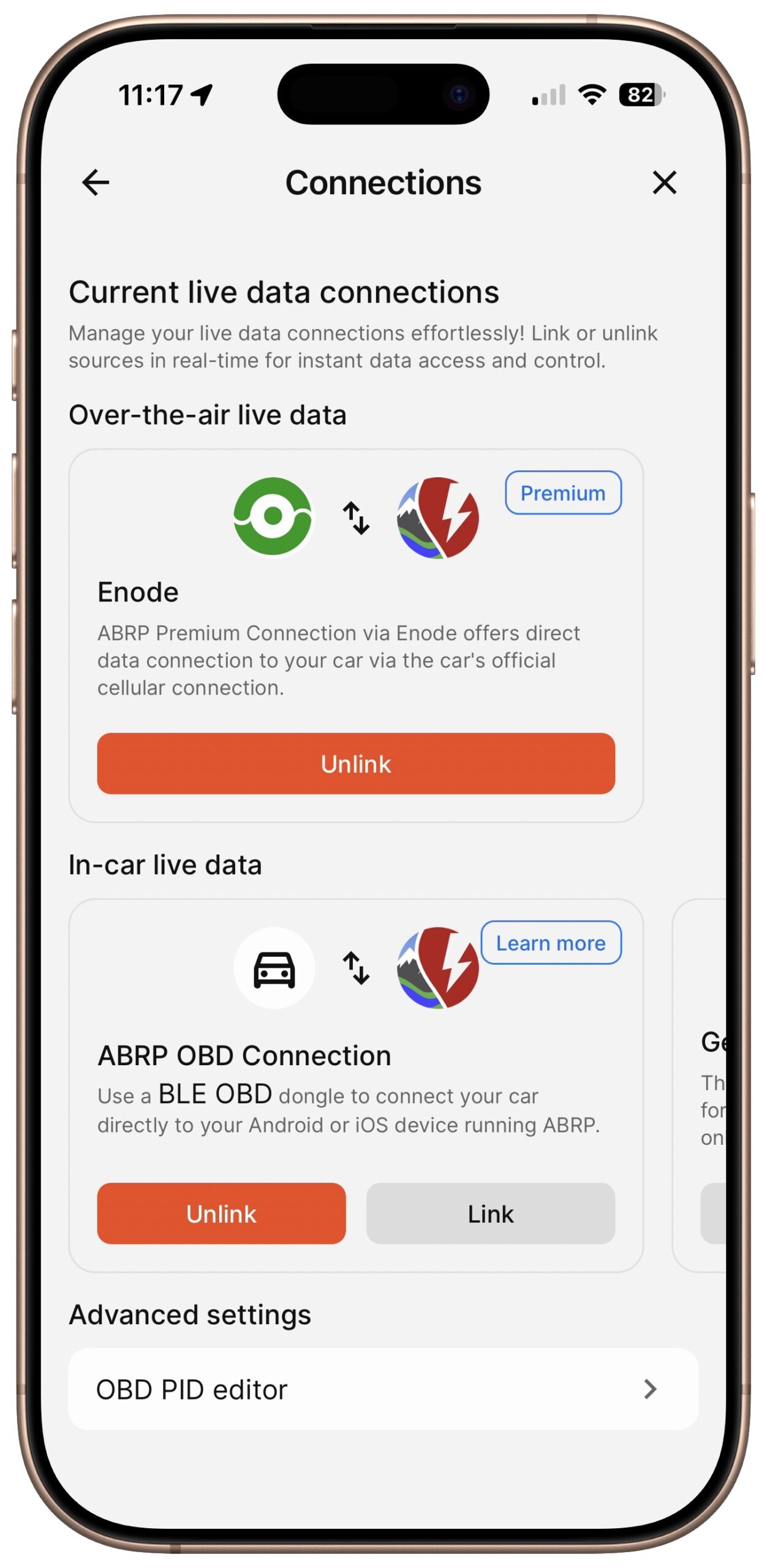 A Better Route Planner live data options