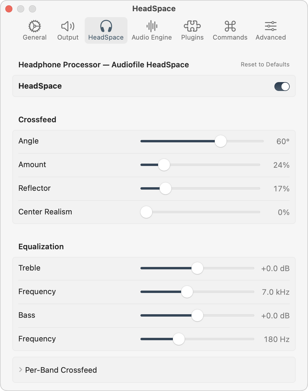 Fidelia HeadSpace settings