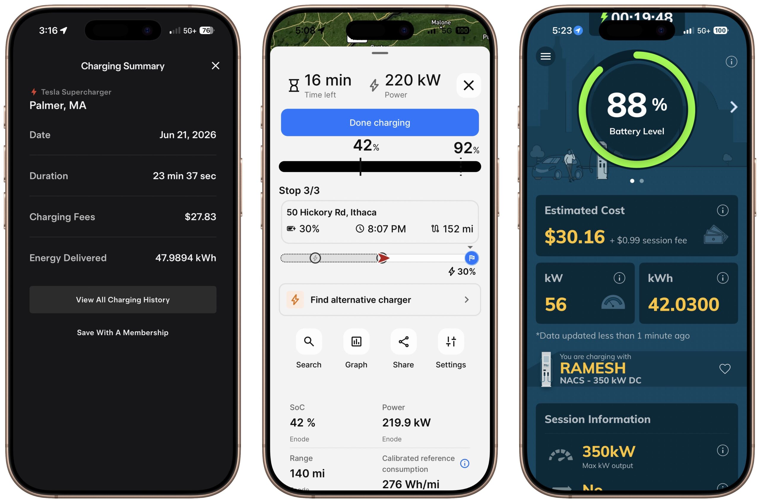 Tesla, ABRP, and EVgo apps during charging