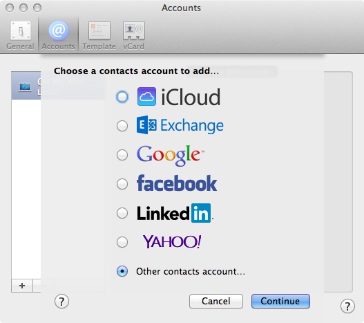 Figure 2: To connect from the Contacts client app to the Contacts service, select “Other contacts account.”