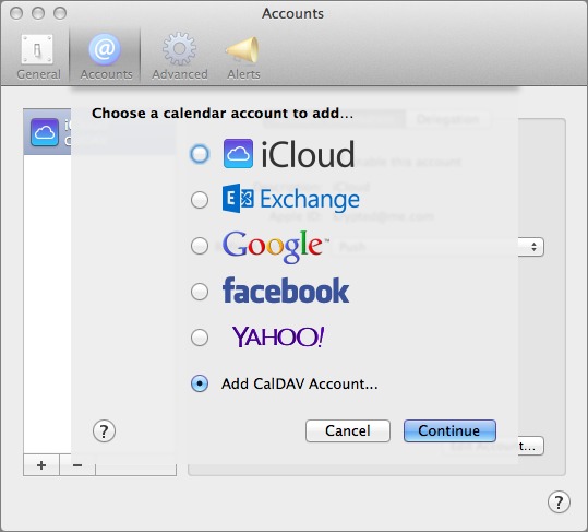 Figure 10: Add a CalDAV account to connect to your Calendar service.