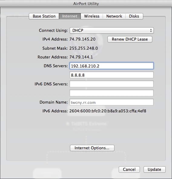 Figure 4: If you point your DHCP server at your DNS server, all the client Macs on your network that get their information from the DHCP server will automatically start using your new DNS server.