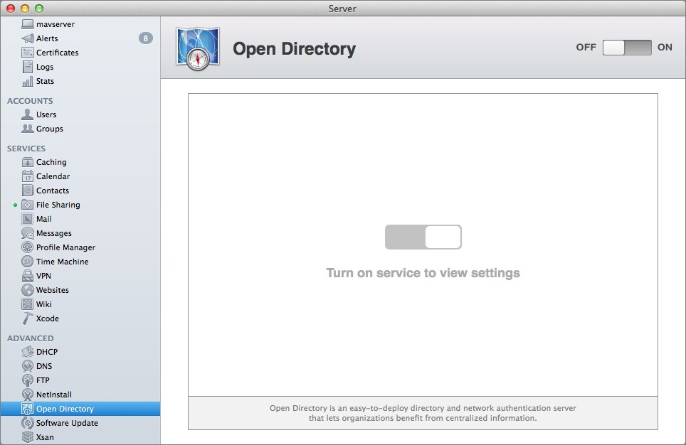 Figure 1: Turn on the Open Directory Service.