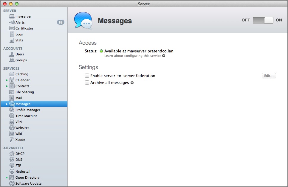 Figure 15: Configuring the Messages service is trivial—just click ON.