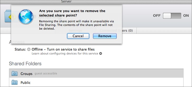 Figure 2: Server asks for confirmation if you try to disable a built-in shared folder.