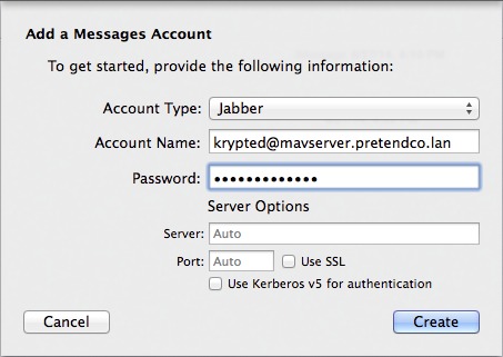 Figure 17: Tell the messages client how to connect to the Messages service by providing the account and server details.