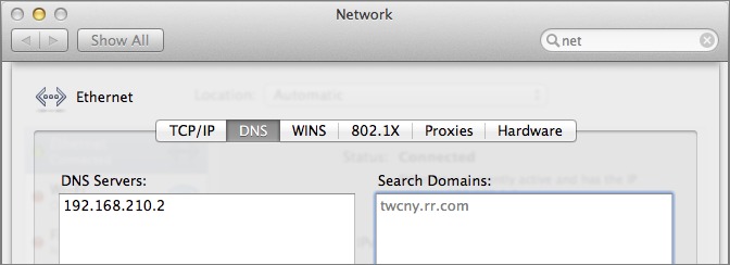 Figure 9: Enter the server’s own IP address in the DNS Servers list in the DNS screen of the Network preference pane.