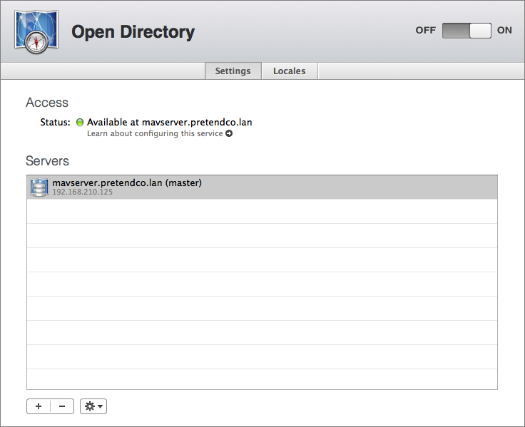 Figure 5: The Open Directory setup is complete. Notice the new server, highlighted in the Servers list.