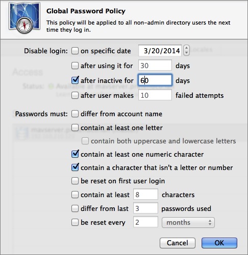 Figure 6: Set up your Open Directory global password policy.