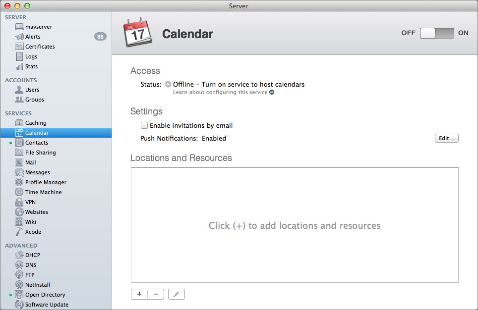 Figure 5: Turn on the Calendar service with the button in the upper-right corner; all the other settings are optional.