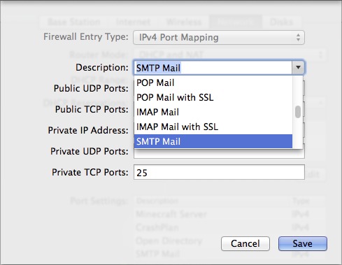 Figure 1: Setting up port mapping for mail services in AirPort Utility is just a matter of choosing from the Description pop-up menu.
