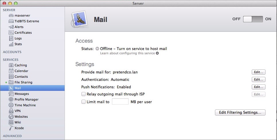 Figure 4: Mail settings in the Server app.
